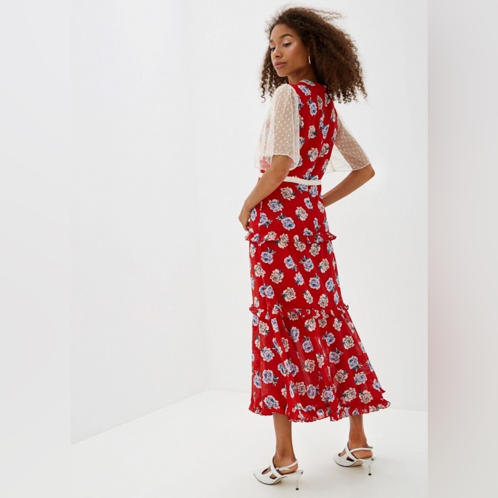 Sister Jane Red Maxi Midi Sundress Tiered Lace Sheer Ruffle Floral Dress - Picture 2 of 7